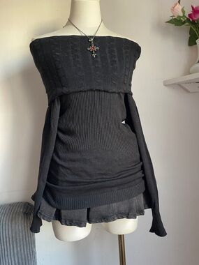 Off-Shoulder Black Ribbed Knit Sweater